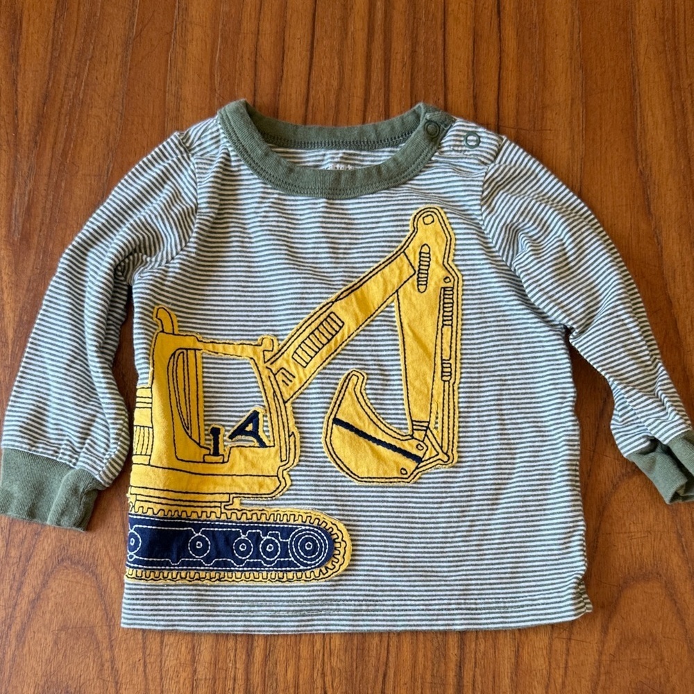Carters Excavator Construction Graphic Stripe Long Sleeve Shirt 12M Green Yellow